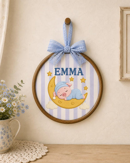 Personalized Embroidered Pig Ornament, Custom Baby Name Hoop, Sleeping Pig Moon Nursery Decor, Baby Girl Gift, Newborn Keepsake