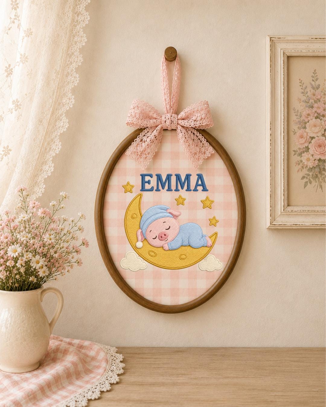 Personalized Embroidered Pig Ornament, Custom Baby Name Hoop, Sleeping Pig Moon Nursery Decor, Baby Girl Gift, Newborn Keepsake