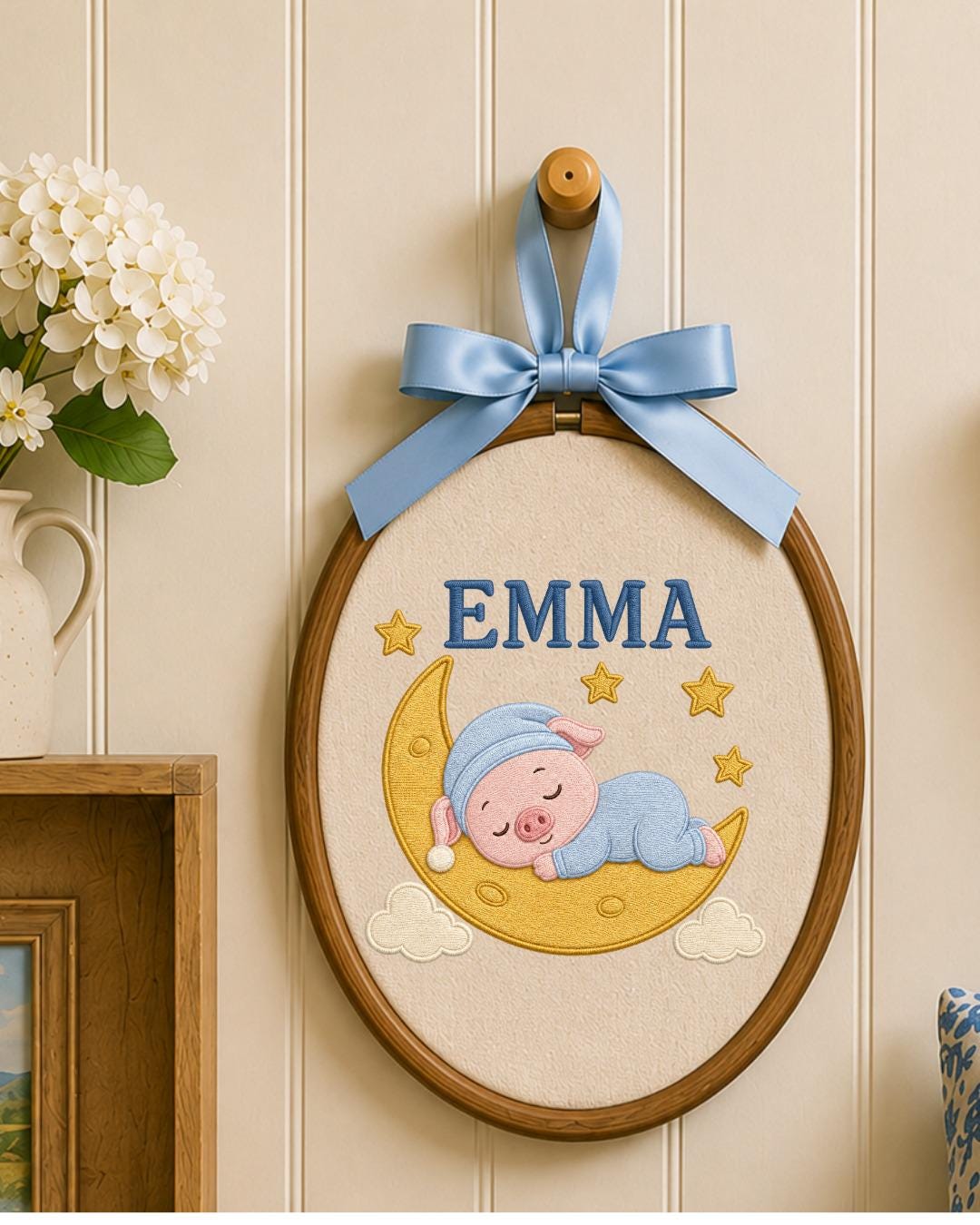 Personalized Embroidered Pig Ornament, Custom Baby Name Hoop, Sleeping Pig Moon Nursery Decor, Baby Girl Gift, Newborn Keepsake