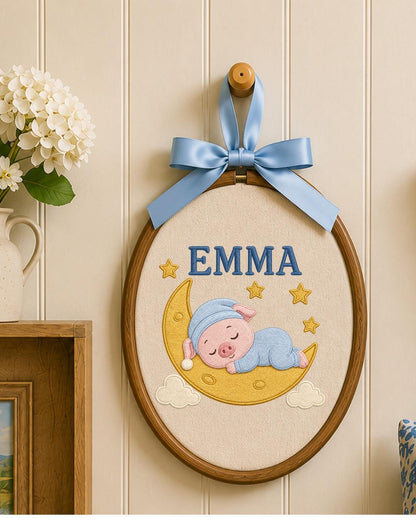 Personalized Embroidered Pig Ornament, Custom Baby Name Hoop, Sleeping Pig Moon Nursery Decor, Baby Girl Gift, Newborn Keepsake