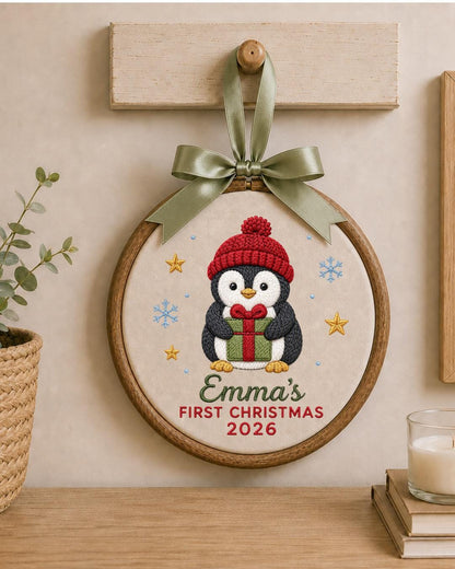 Personalized Embroidered First Christmas Ornament, Custom Baby Name Penguin Hoop, Baby’s First Christmas 2026 Keepsake, Holiday Decor