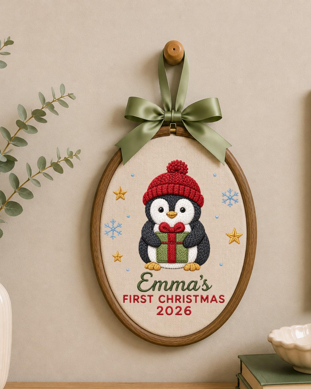 Personalized Embroidered First Christmas Ornament, Custom Baby Name Penguin Hoop, Baby’s First Christmas 2026 Keepsake, Holiday Decor