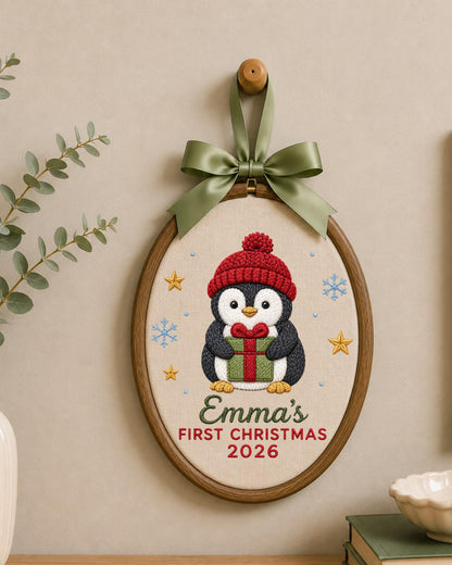 Personalized Embroidered First Christmas Ornament, Custom Baby Name Penguin Hoop, Baby’s First Christmas 2026 Keepsake, Holiday Decor