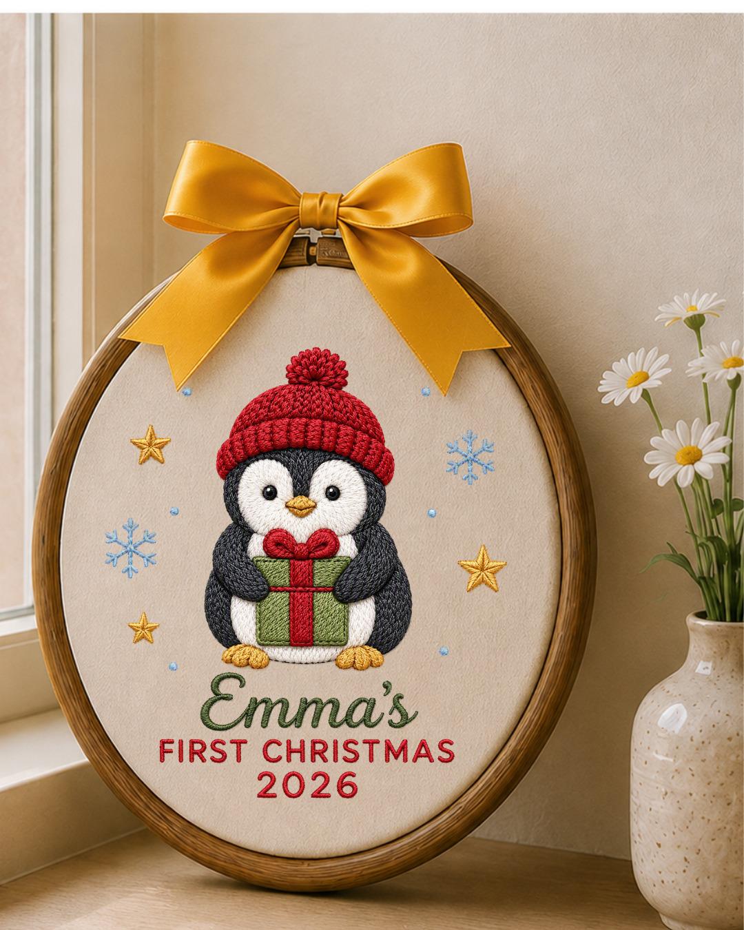 Personalized Embroidered First Christmas Ornament, Custom Baby Name Penguin Hoop, Baby’s First Christmas 2026 Keepsake, Holiday Decor