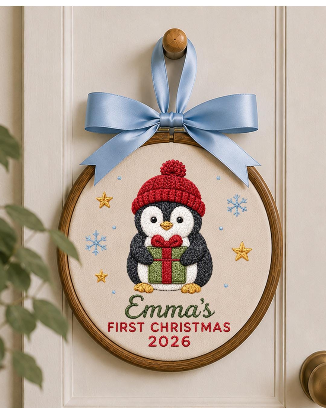 Personalized Embroidered First Christmas Ornament, Custom Baby Name Penguin Hoop, Baby’s First Christmas 2026 Keepsake, Holiday Decor