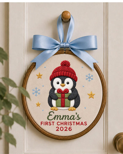 Personalized Embroidered First Christmas Ornament, Custom Baby Name Penguin Hoop, Baby’s First Christmas 2026 Keepsake, Holiday Decor
