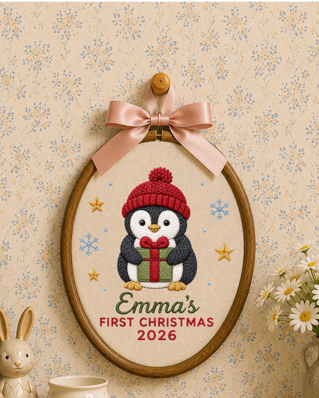 Personalized Embroidered First Christmas Ornament, Custom Baby Name Penguin Hoop, Baby’s First Christmas 2026 Keepsake, Holiday Decor