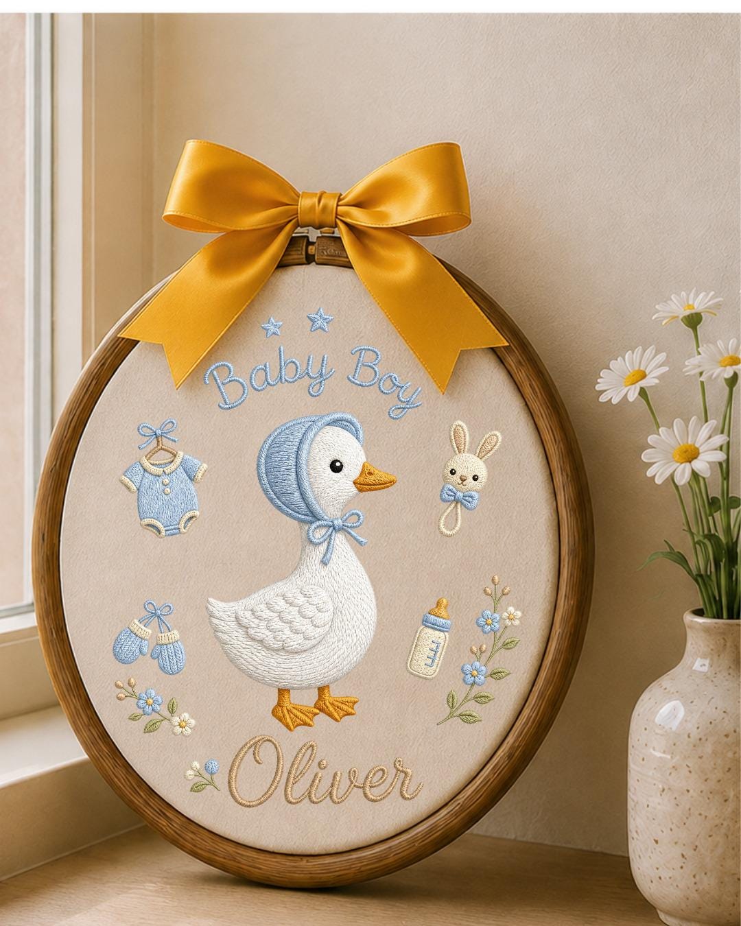 Personalized Embroidered Goose Ornament, Custom Baby Boy Name Hoop, Baby Shower Gift, Blue Nursery Wall Decor, Newborn Keepsake