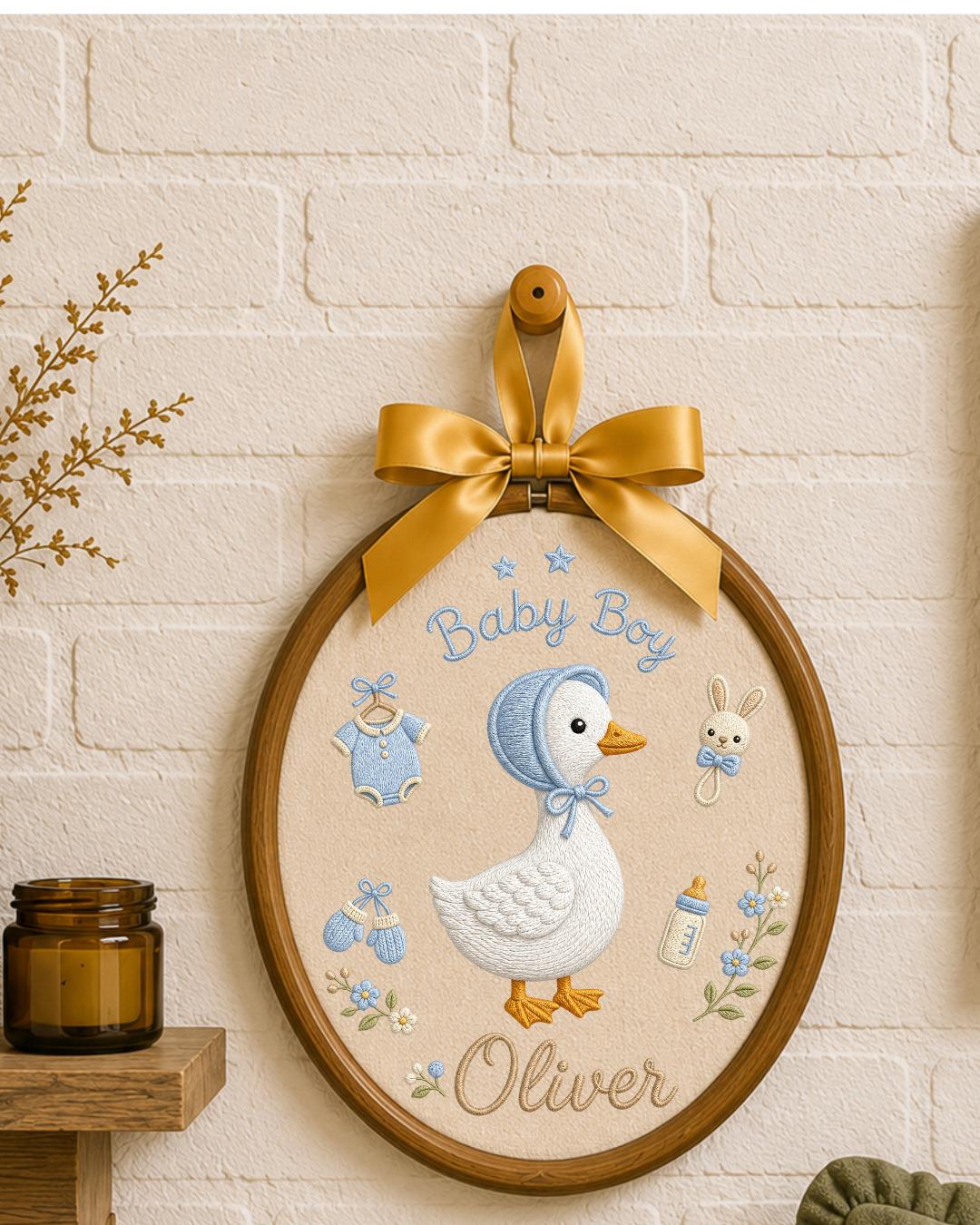 Personalized Embroidered Goose Ornament, Custom Baby Boy Name Hoop, Baby Shower Gift, Blue Nursery Wall Decor, Newborn Keepsake