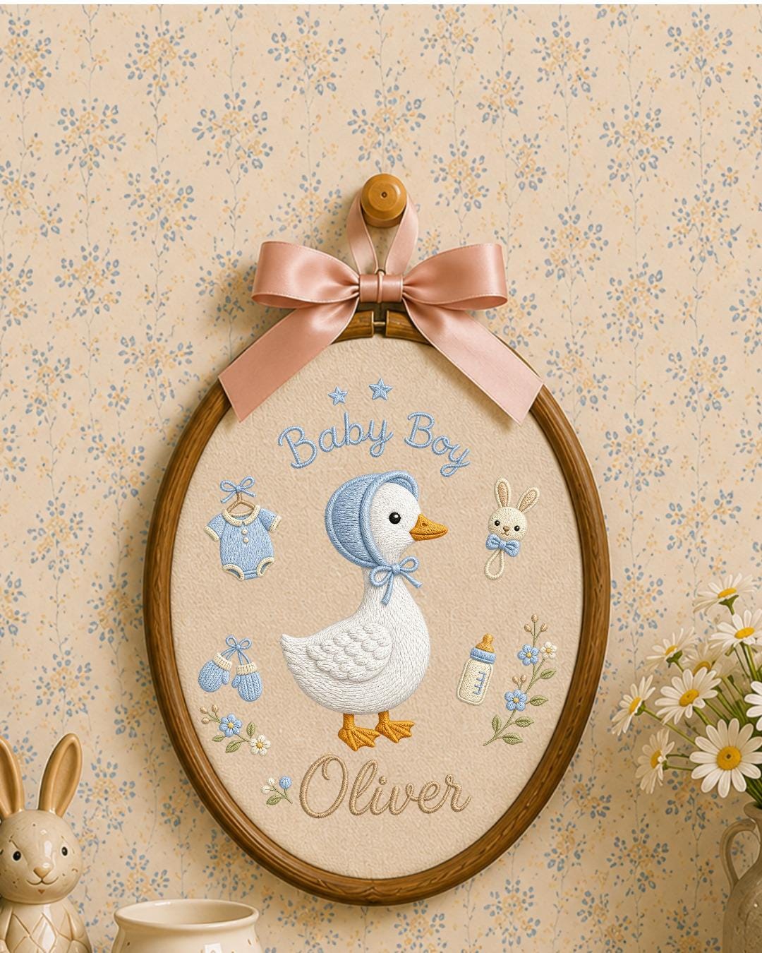 Personalized Embroidered Goose Ornament, Custom Baby Boy Name Hoop, Baby Shower Gift, Blue Nursery Wall Decor, Newborn Keepsake