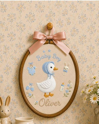 Personalized Embroidered Goose Ornament, Custom Baby Boy Name Hoop, Baby Shower Gift, Blue Nursery Wall Decor, Newborn Keepsake