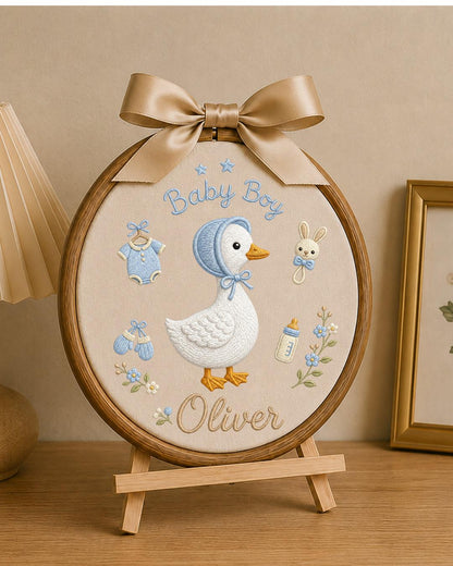 Personalized Embroidered Goose Ornament, Custom Baby Boy Name Hoop, Baby Shower Gift, Blue Nursery Wall Decor, Newborn Keepsake
