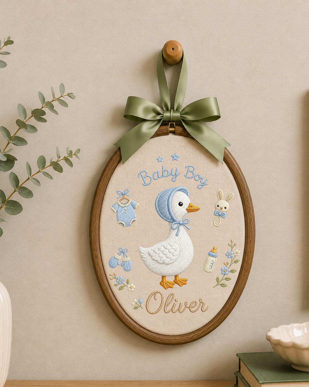 Personalized Embroidered Goose Ornament, Custom Baby Boy Name Hoop, Baby Shower Gift, Blue Nursery Wall Decor, Newborn Keepsake
