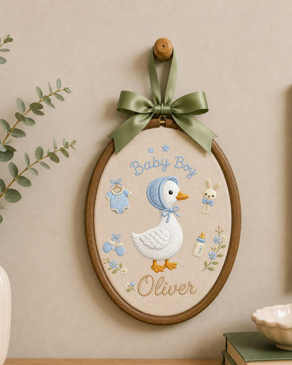 Personalized Embroidered Goose Ornament, Custom Baby Boy Name Hoop, Baby Shower Gift, Blue Nursery Wall Decor, Newborn Keepsake
