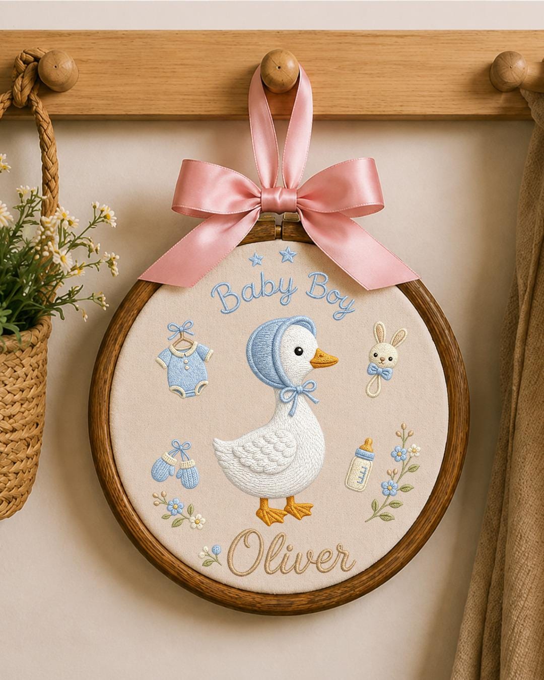 Personalized Embroidered Goose Ornament, Custom Baby Boy Name Hoop, Baby Shower Gift, Blue Nursery Wall Decor, Newborn Keepsake