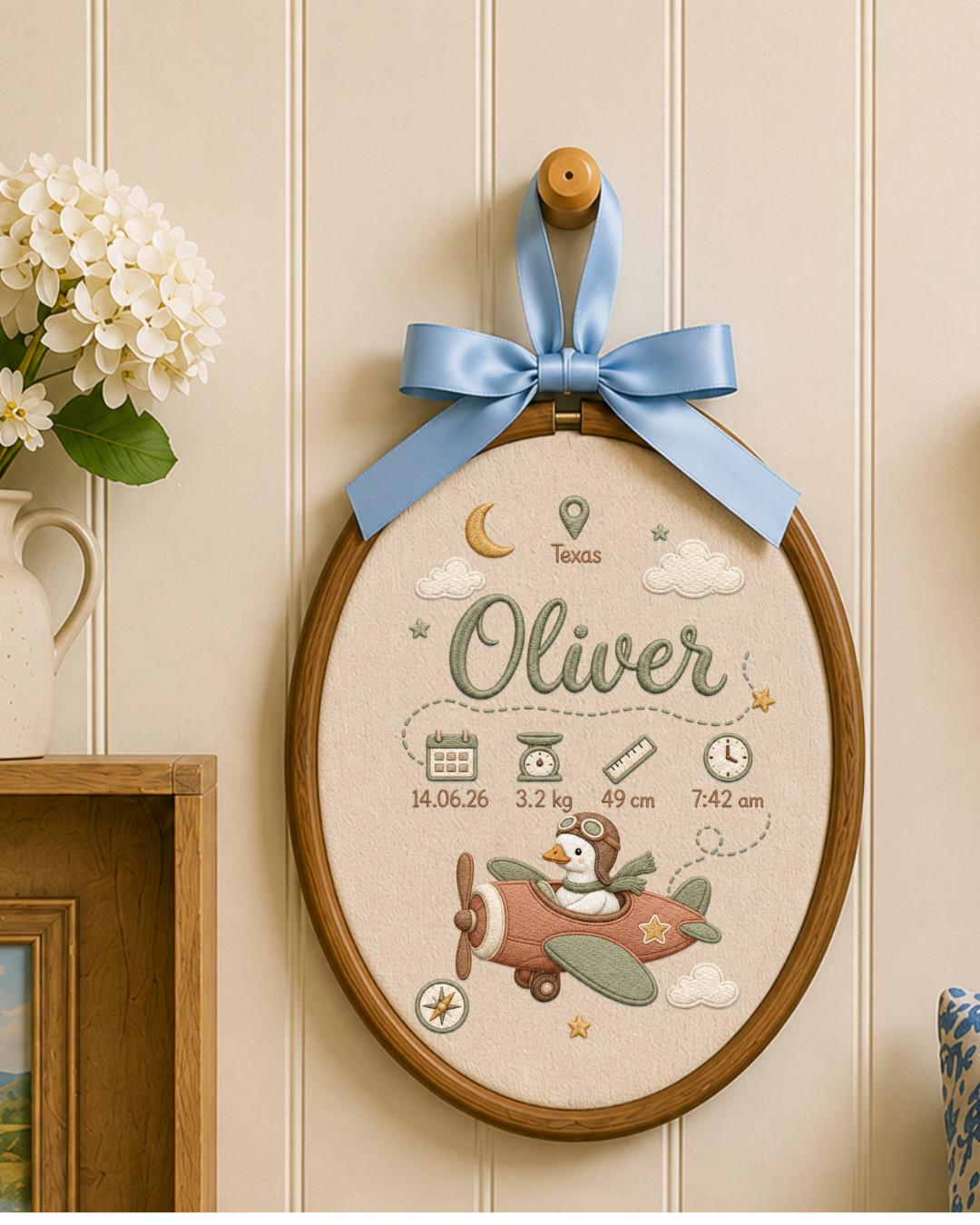 Personalized Embroidered Birth Stats Ornament, Custom Baby Name Goose Airplane Hoop, Adventure Nursery Decor, Newborn Keepsake Gift