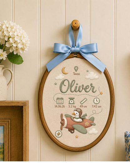 Personalized Embroidered Birth Stats Ornament, Custom Baby Name Goose Airplane Hoop, Adventure Nursery Decor, Newborn Keepsake Gift