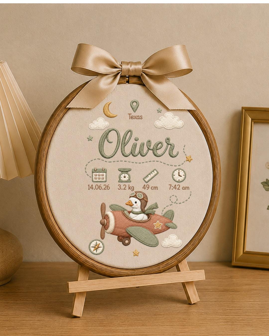 Personalized Embroidered Birth Stats Ornament, Custom Baby Name Goose Airplane Hoop, Adventure Nursery Decor, Newborn Keepsake Gift