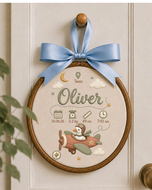Personalized Embroidered Birth Stats Ornament, Custom Baby Name Goose Airplane Hoop, Adventure Nursery Decor, Newborn Keepsake Gift