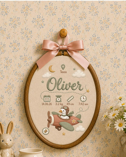 Personalized Embroidered Birth Stats Ornament, Custom Baby Name Goose Airplane Hoop, Adventure Nursery Decor, Newborn Keepsake Gift