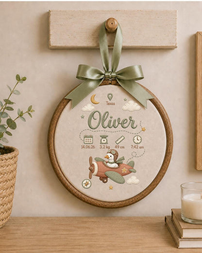 Personalized Embroidered Birth Stats Ornament, Custom Baby Name Goose Airplane Hoop, Adventure Nursery Decor, Newborn Keepsake Gift