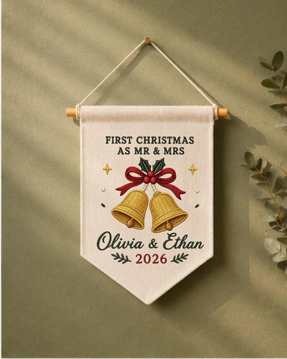 Personalized First Christmas As Mr and Mrs Wall Hanging, Custom Embroidered Couple Banner, Newlywed Christmas Gift, Wedding Keepsake