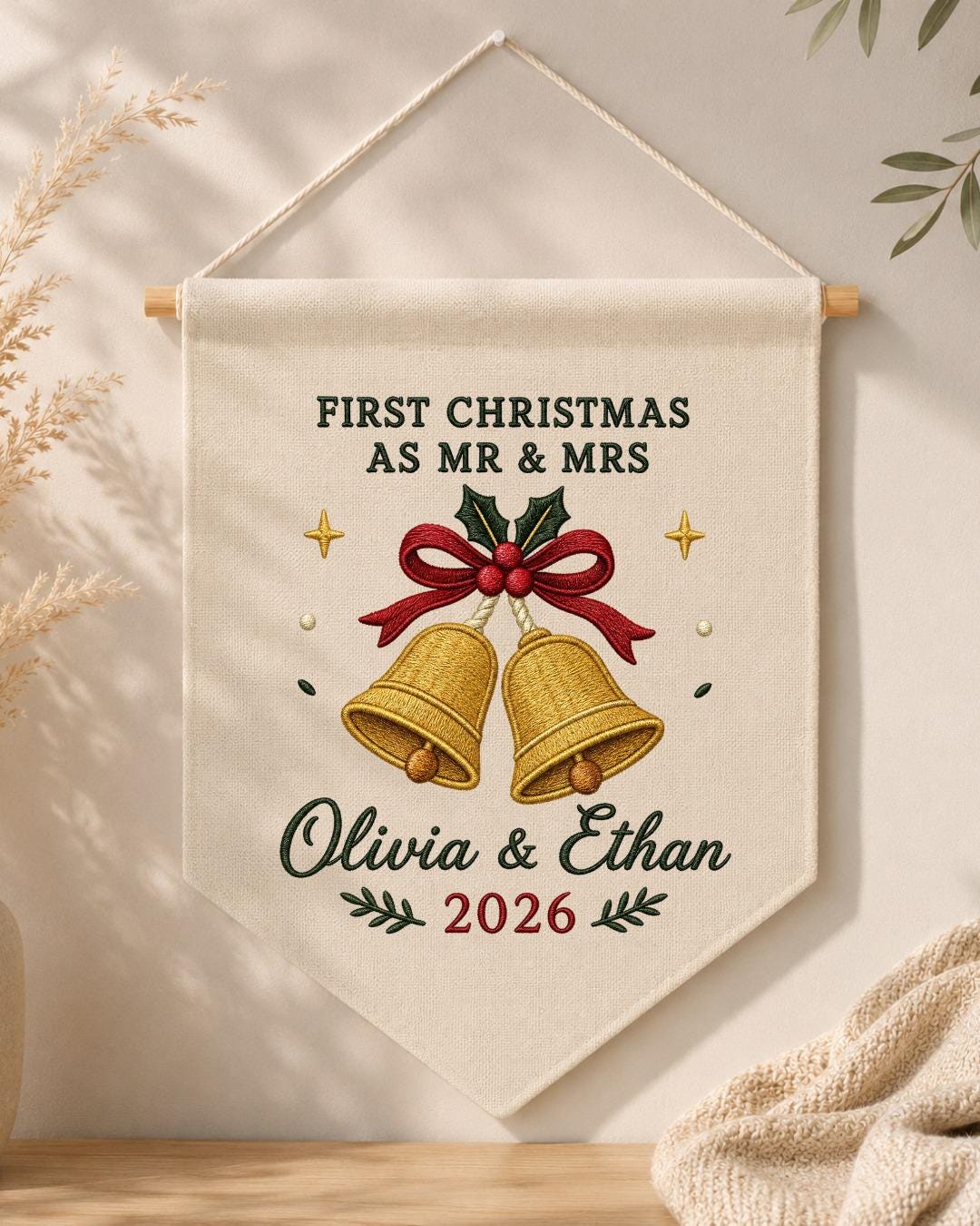 Personalized First Christmas As Mr and Mrs Wall Hanging, Custom Embroidered Couple Banner, Newlywed Christmas Gift, Wedding Keepsake