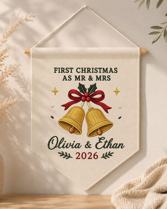 Personalized First Christmas As Mr and Mrs Wall Hanging, Custom Embroidered Couple Banner, Newlywed Christmas Gift, Wedding Keepsake