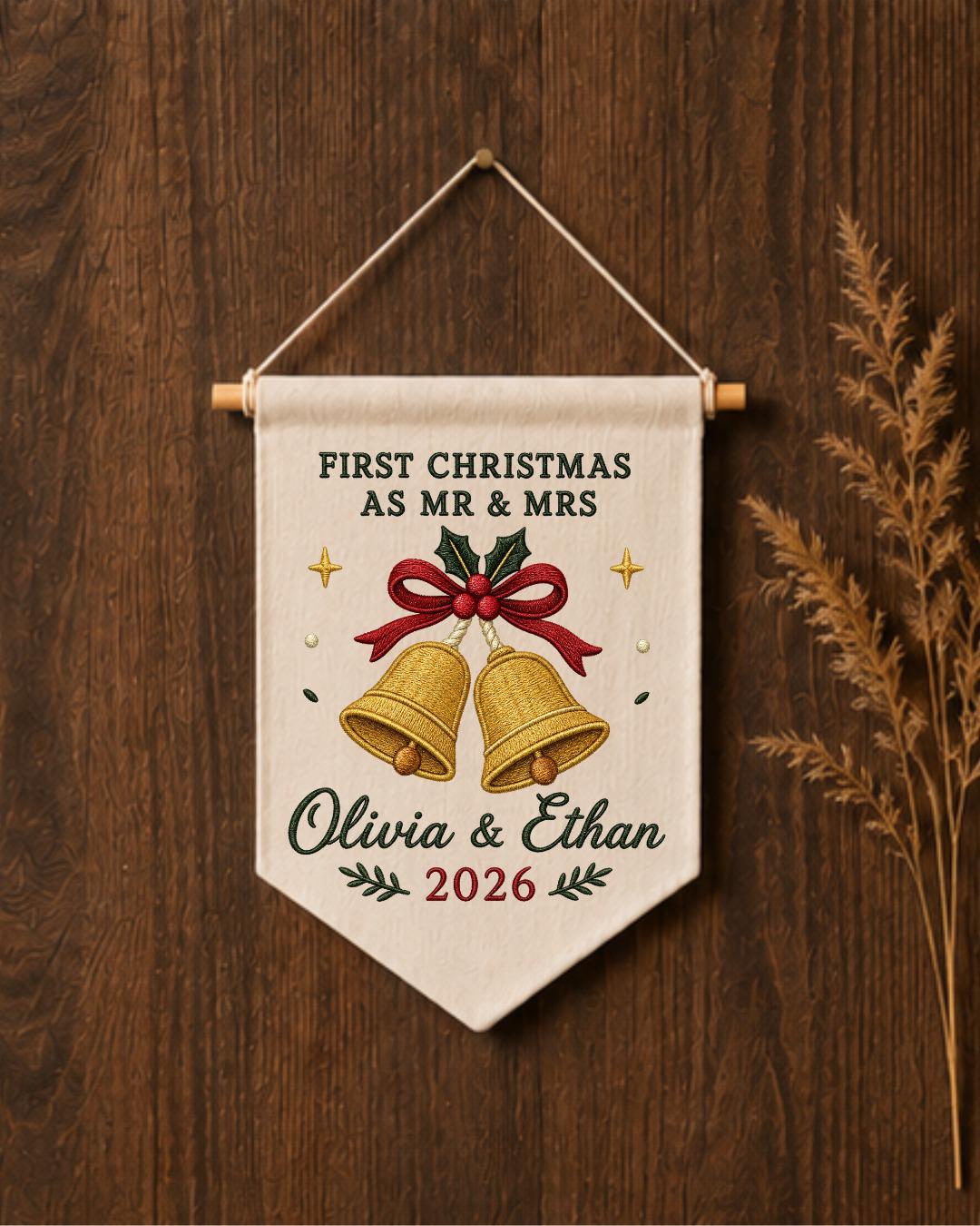 Personalized First Christmas As Mr and Mrs Wall Hanging, Custom Embroidered Couple Banner, Newlywed Christmas Gift, Wedding Keepsake