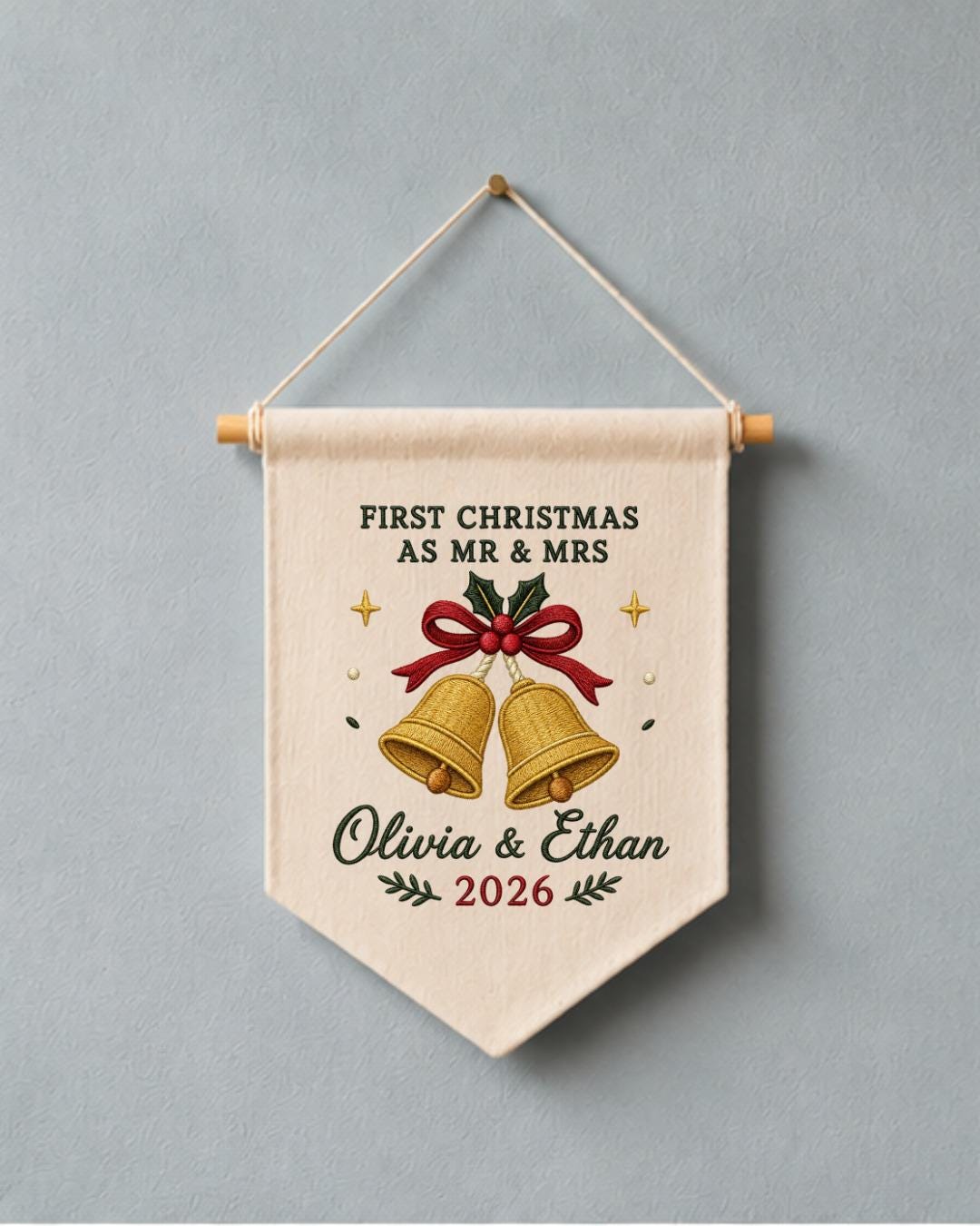 Personalized First Christmas As Mr and Mrs Wall Hanging, Custom Embroidered Couple Banner, Newlywed Christmas Gift, Wedding Keepsake