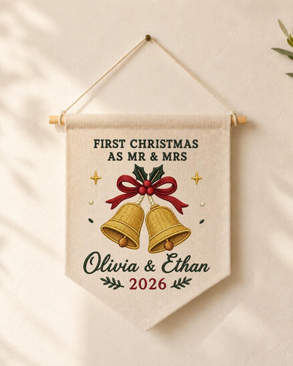 Personalized First Christmas As Mr and Mrs Wall Hanging, Custom Embroidered Couple Banner, Newlywed Christmas Gift, Wedding Keepsake