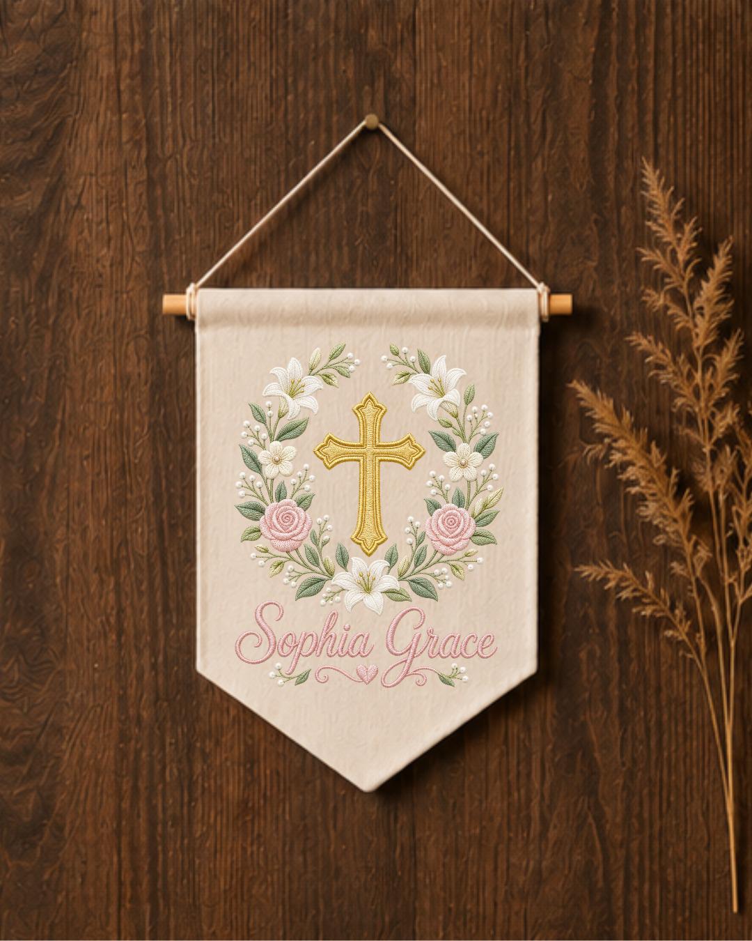 Personalized Christian Cross Wall Hanging, Custom Name Embroidered Baptism Banner, Floral Nursery Decor, Christening Gift for Baby Girl