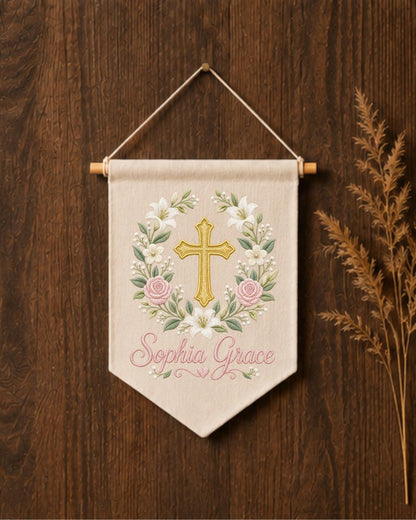 Personalized Christian Cross Wall Hanging, Custom Name Embroidered Baptism Banner, Floral Nursery Decor, Christening Gift for Baby Girl