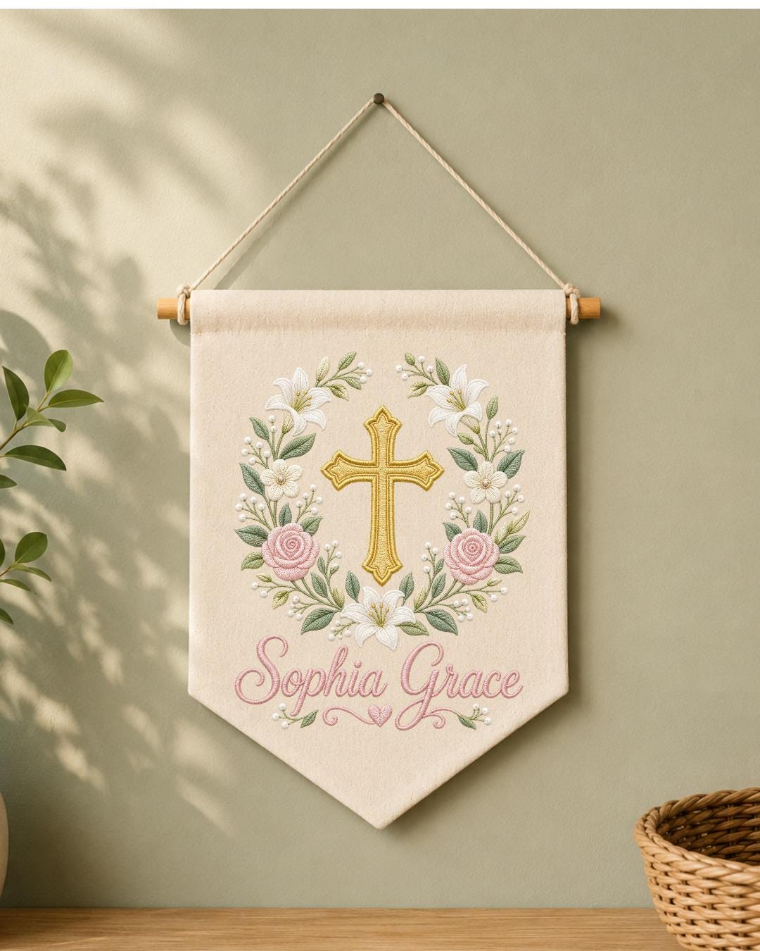 Personalized Christian Cross Wall Hanging, Custom Name Embroidered Baptism Banner, Floral Nursery Decor, Christening Gift for Baby Girl