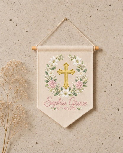 Personalized Christian Cross Wall Hanging, Custom Name Embroidered Baptism Banner, Floral Nursery Decor, Christening Gift for Baby Girl