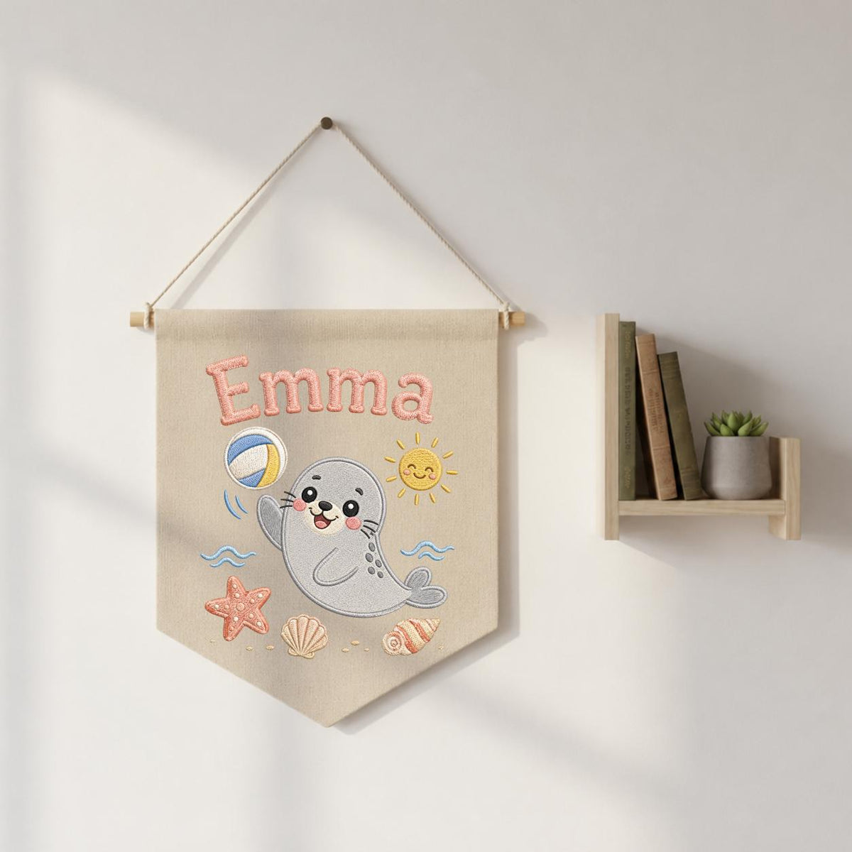 Personalized Embroidered Seal Nursery Banner, Custom Name Beach Wall Art