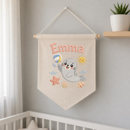 Personalized Embroidered Seal Nursery Banner, Custom Name Beach Wall Art