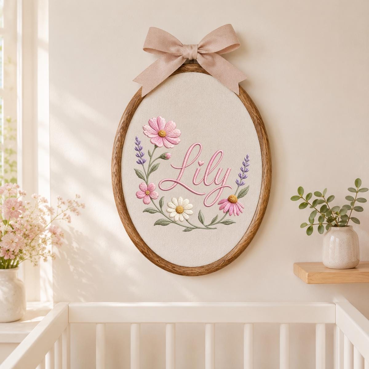 Personalized Embroidered Floral Hoop Art, Custom Name Nursery Decor