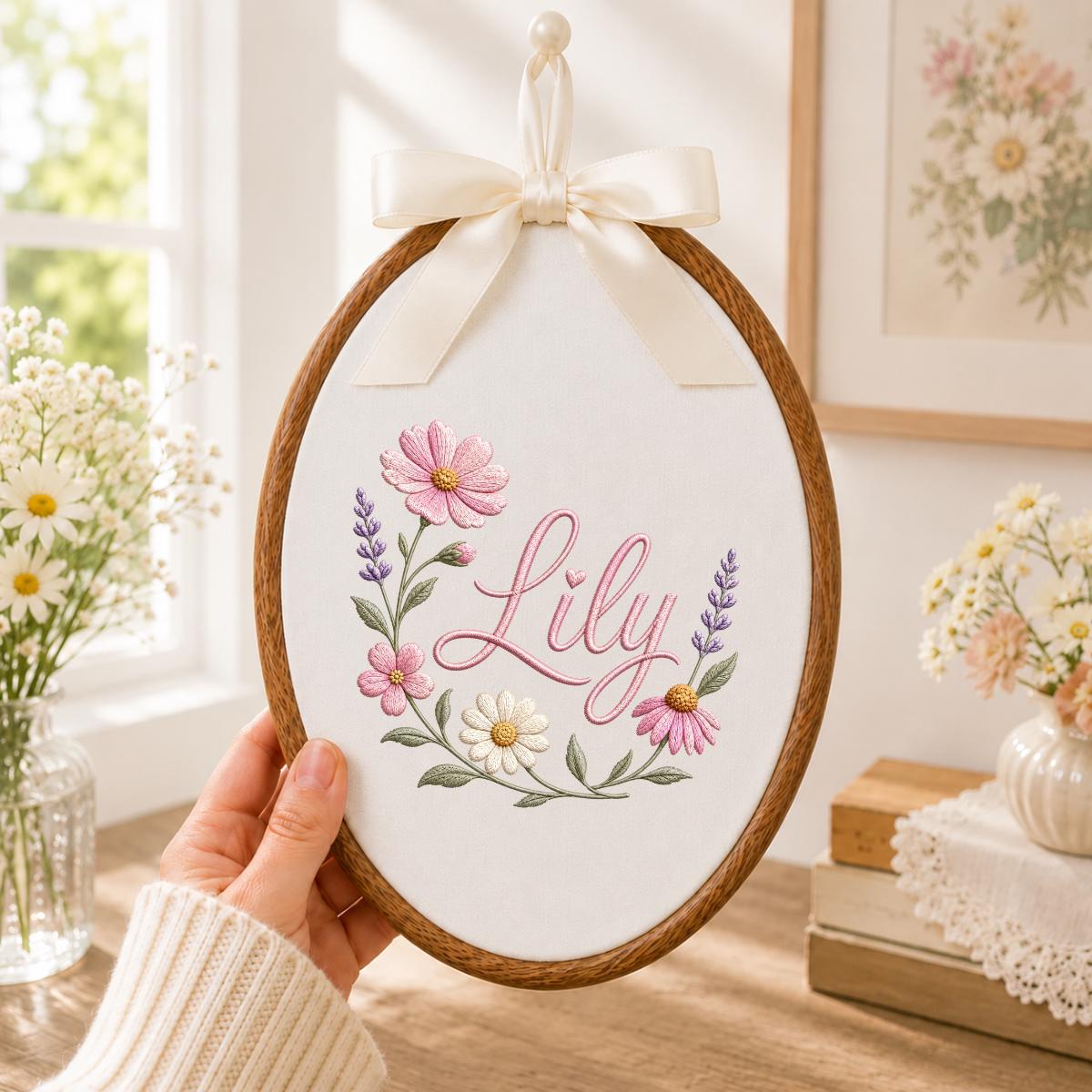 Personalized Embroidered Floral Hoop Art, Custom Name Nursery Decor