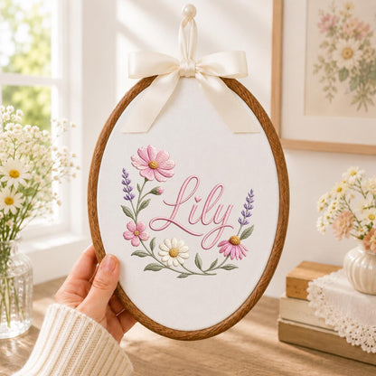 Personalized Embroidered Floral Hoop Art, Custom Name Nursery Decor