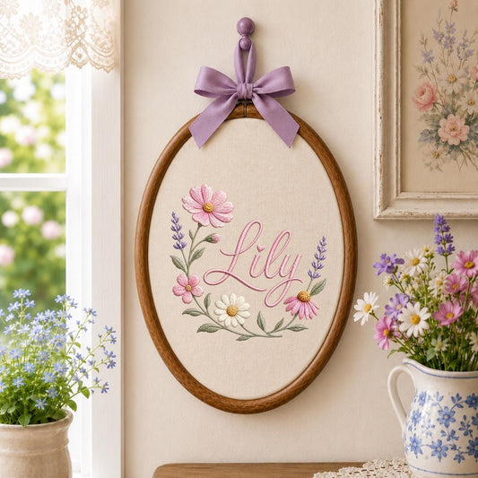 Personalized Embroidered Floral Hoop Art, Custom Name Nursery Decor