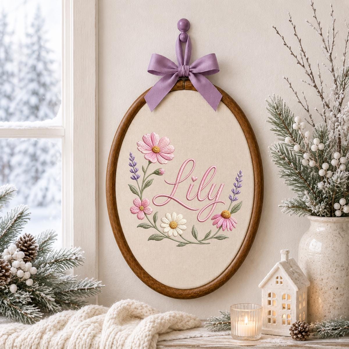 Personalized Embroidered Floral Hoop Art, Custom Name Nursery Decor