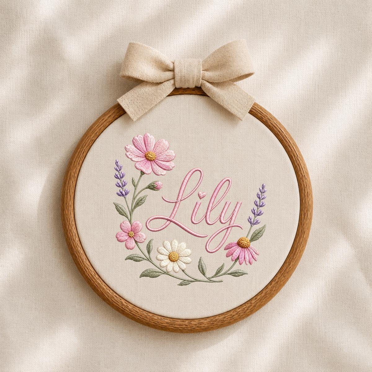 Personalized Embroidered Floral Hoop Art, Custom Name Nursery Decor