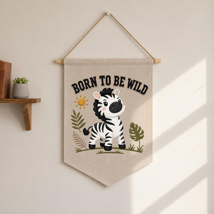 Embroidered Safari Zebra Canvas Pennant Banner, Nursery Wall Hanging Sign