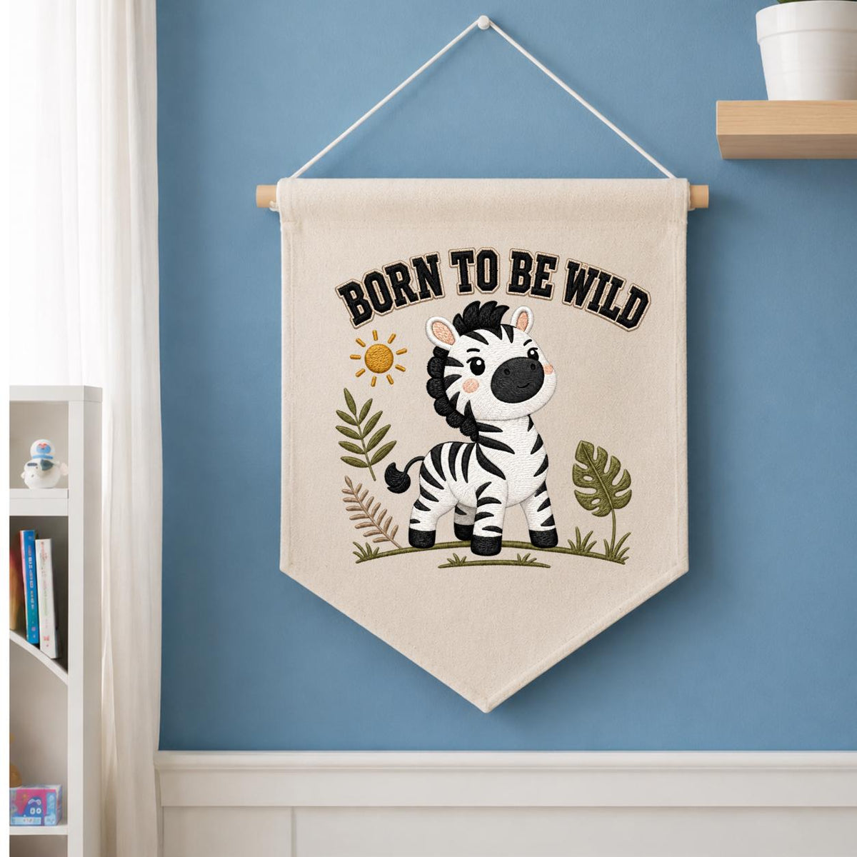 Embroidered Safari Zebra Canvas Pennant Banner, Nursery Wall Hanging Sign
