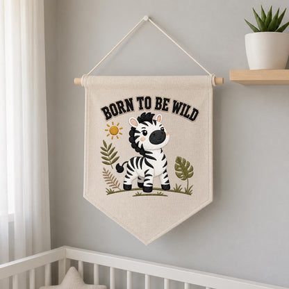 Embroidered Safari Zebra Canvas Pennant Banner, Nursery Wall Hanging Sign