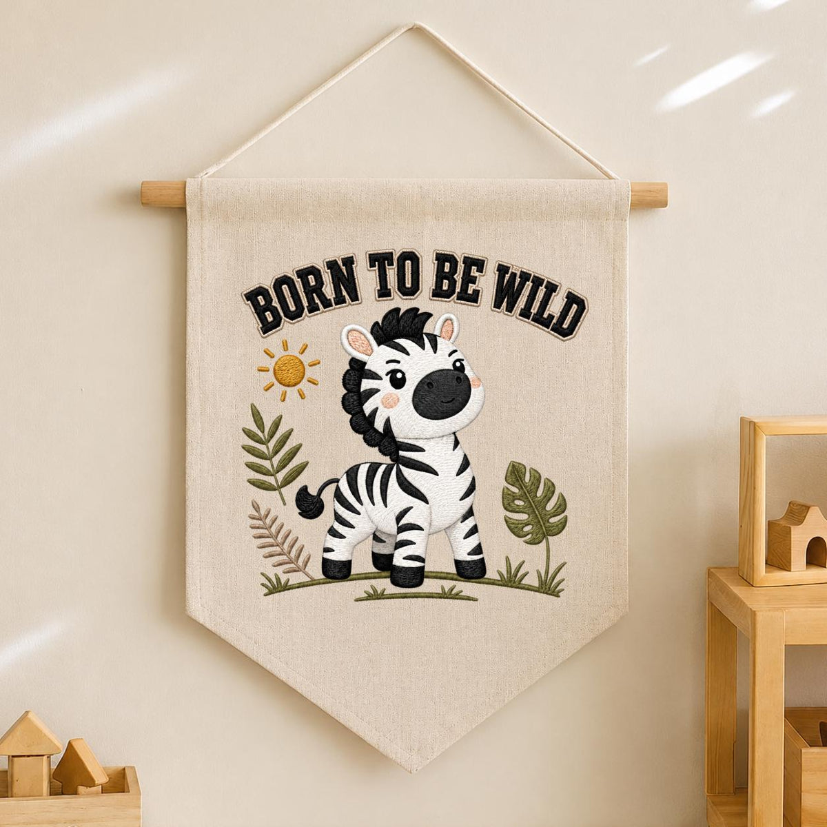 Embroidered Safari Zebra Canvas Pennant Banner, Nursery Wall Hanging Sign
