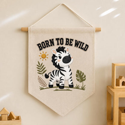 Embroidered Safari Zebra Canvas Pennant Banner, Nursery Wall Hanging Sign
