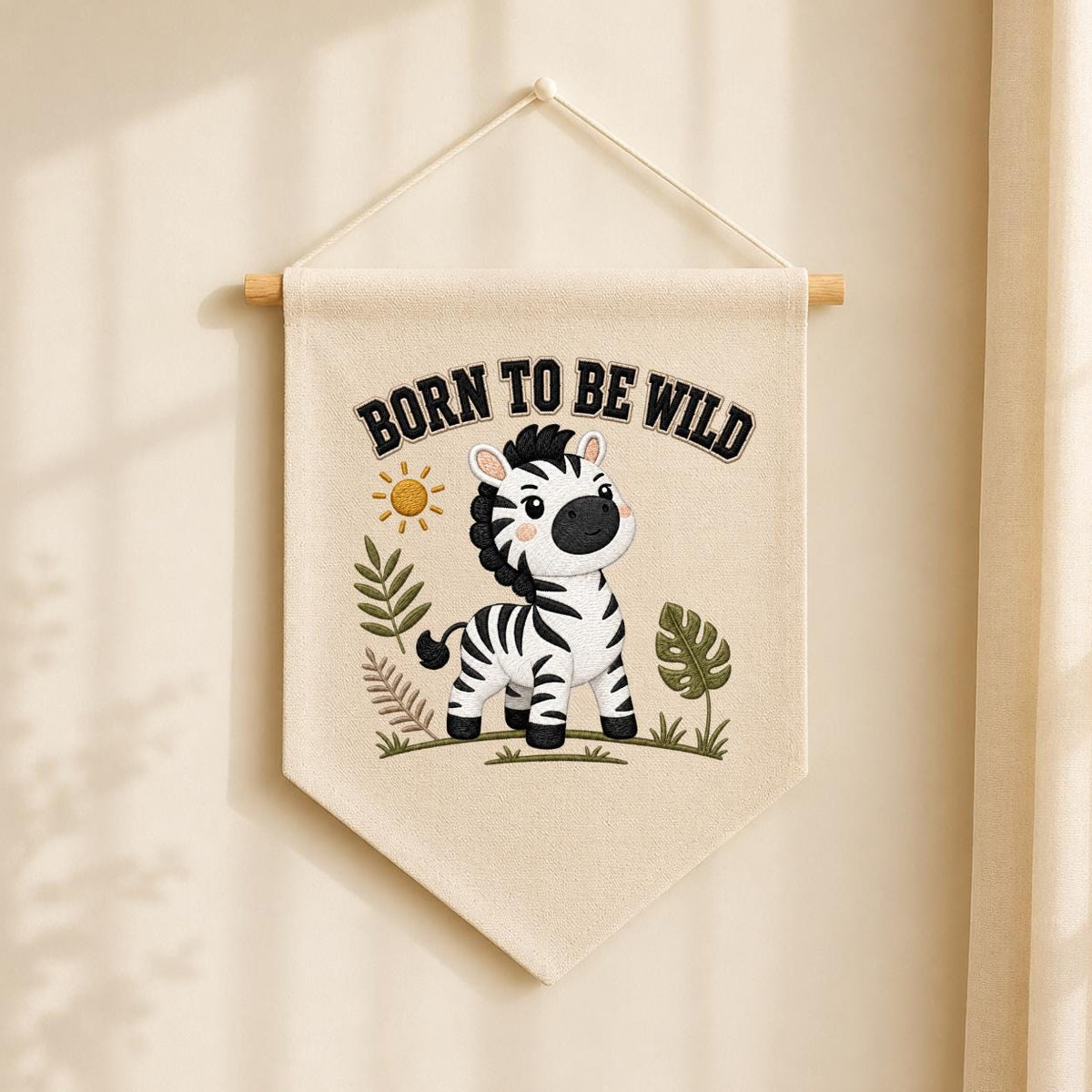 Embroidered Safari Zebra Canvas Pennant Banner, Nursery Wall Hanging Sign
