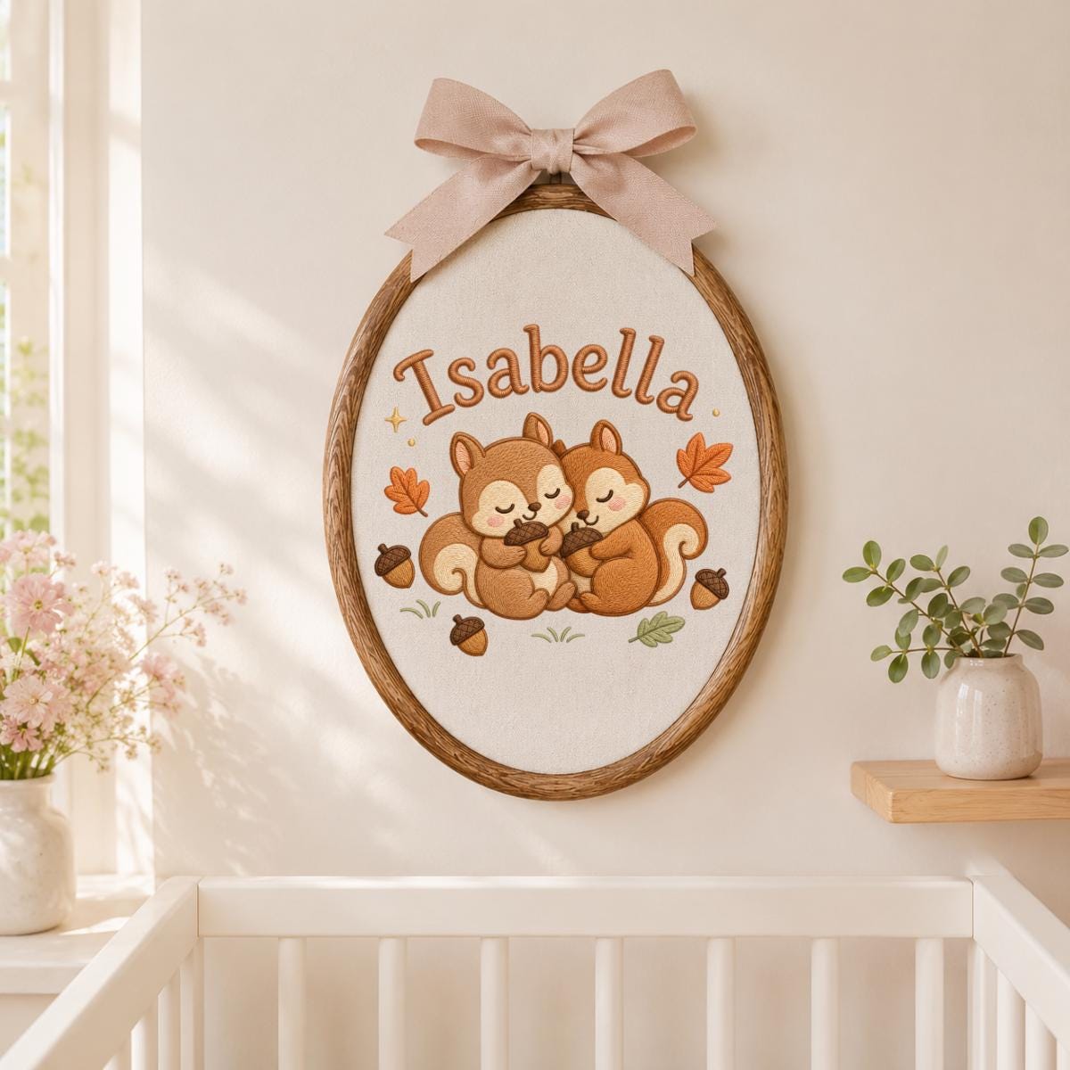 Personalized Squirrel Embroidered Hoop Art, Autumn Nursery Decor, Isabella Baby Gift Sign